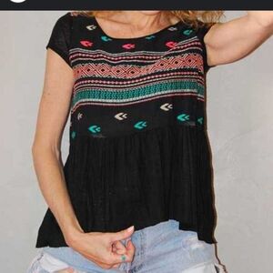 American Eagle Outfitters Womens Peplum Top Black Coral Aztec Embroidered M